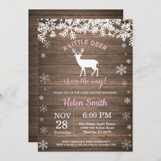 Rustikales Woodland Deer Winter Girl Babydusche Einladung (Vorne/Hinten)