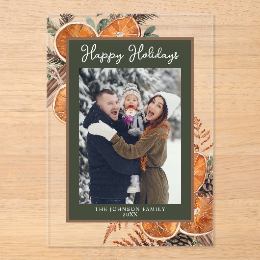 Rustikales Woodland Foto Weihnachtskarte Acryleinladungen (Vorderseite)