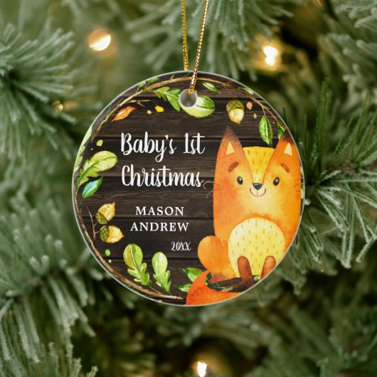 Rustikales Woodland Fox Baby's First Christmas Keramik Ornament (Baum)