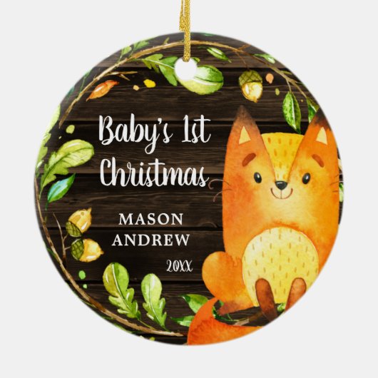 Rustikales Woodland Fox Baby's First Christmas Keramik Ornament (Hinten)