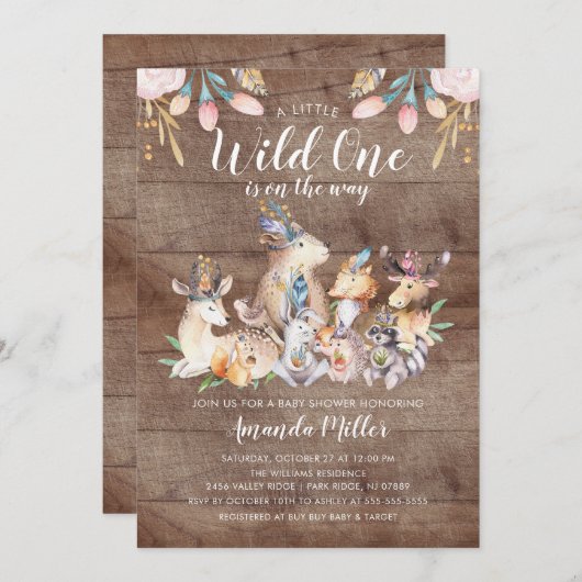 Rustikales Woodland Friends Wild One Baby Shower Einladung (Vorne/Hinten)