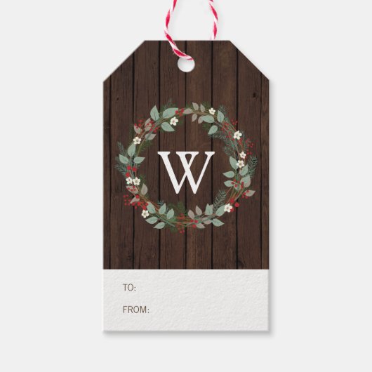 Rustikales Woodland Holiday Wreath Monogram-Gesche Geschenkanhänger (Vorderseite)