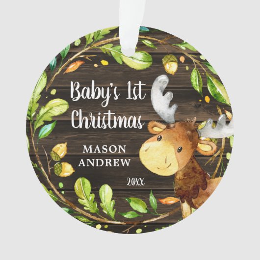 Rustikales Woodland Moose Baby's First Christmas Ornament (Vorderseite)