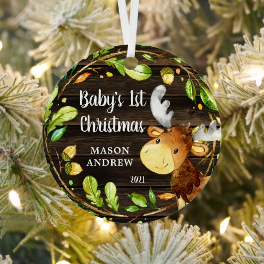 Rustikales Woodland Moose Baby's First Christmas Ornament Aus Metall (InSitu)