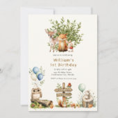Rustikales Woodland niedliche Kleintiere Erstgebur Einladung (Vorderseite)