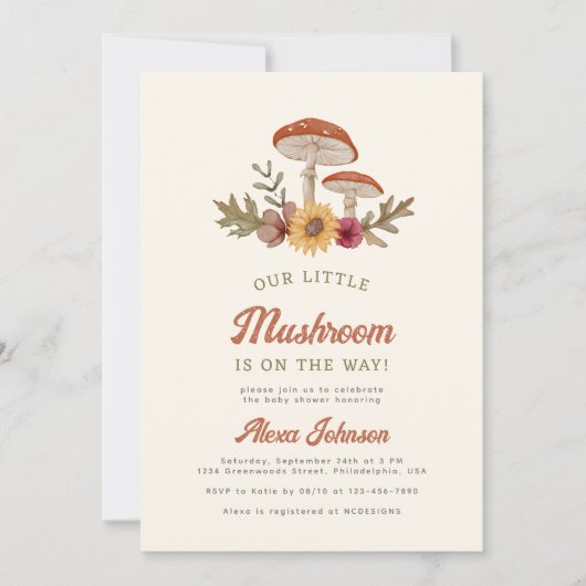 Rustikales Woodland Pilz Boho Babydusche Einladung (Vorderseite)