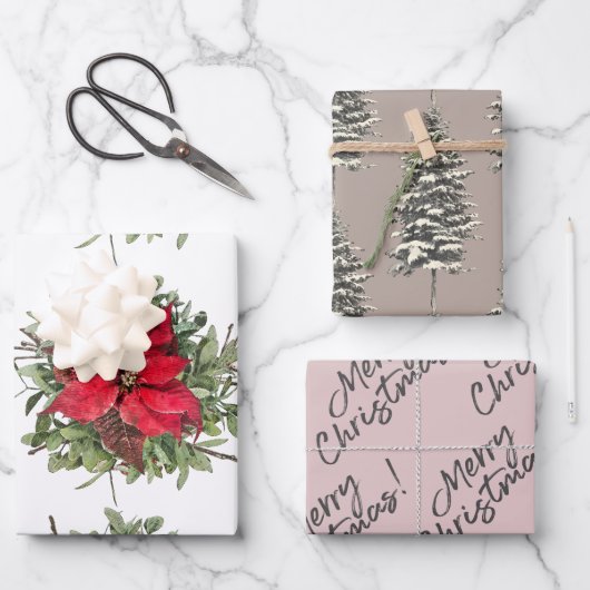 Rustikales Woodland Poinsettia Frohe Weihnachten Geschenkpapier Set (Vorderseite)