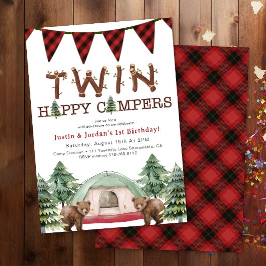 Rustikales Woodland Twins One Happy Camper Geburts Einladung