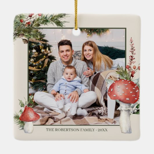 Rustikales Woodland Weihnachts Pilze Foto Keramikornament (Rückseite)