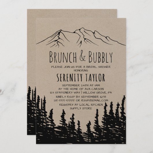 Rustikales Woodsy Mountain Brunch & Bubbly Einladung (Vorne/Hinten)