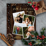 Rustikales Woodsy Wood Faith Liebe 4 Foto F Folien Feiertagskarte<br><div class="desc">Rustikale Woodsy-Imitate dunkles, farbiges Holz "Glaube, Liebe und Familie" vier gerahmte Fotos kollagen Urlaubsstil mit echter Goldfolie vorne und mit einem Schneeflockenmuster als Hintergrund auf der Rückseite über dem dunklen Holz. Fügen Sie einfach Ihren Familiennamen und das Jahr zusammen mit Ihren Fotos ein, um das Design zu vervollständigen. Komposites Design...</div>