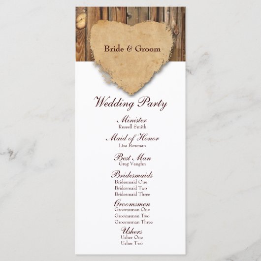 Rustikales, zerrissenes Herz-Holz-Hochzeitsprogram Programm (Vorderseite)