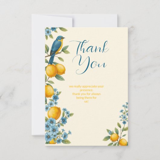 Rustikales Zitronen- und Bluebird-Brautparty Dankeskarte (Vorderseite)