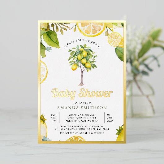 Rustikales Zitrus Zitronenbaum Baby Dusche Gold Folieneinladung (Stehend vorne)