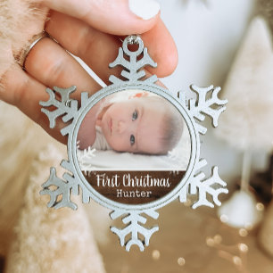 Rustikalisches Baby Erstes Weihnachten Schneeflock Schneeflocken Zinn-Ornament