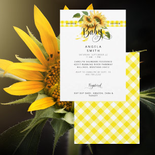 Rustikalisches gelbes Gingham-Sonnenblumen-Baby-Sh Einladung