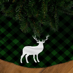 Rustikalisches Grün-Schwarz-Karo mit Weißhirsch Polyester Weihnachtsbaumdecke