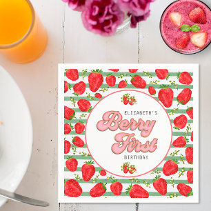 Rustikalisches Grün-Weiß-Erdbeer-Muster Berry Firs Serviette