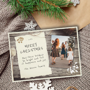 Rustikalisches Holz-Altpapier-Script-Weihnachtsfot Feiertagskarte