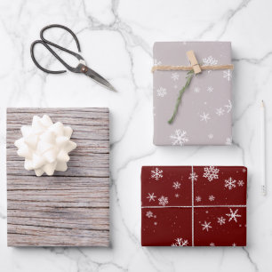 Rustikalisches Holz Beige Rotes Schneeflockenmuste Geschenkpapier Set