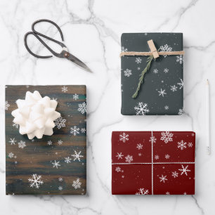 Rustikalisches Holz Graue Rote Schneeflocken Weihn Geschenkpapier Set