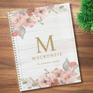 Rustikalisches Holz Rosa Florales Wasserfarben-Mon Planer