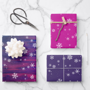 Rustikalisches Holz Rosa Lila Schneefloh-Christmas Geschenkpapier Set