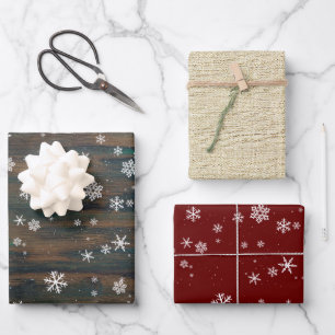 Rustikalisches Holz Rote Schneeflocken Weihnachtsf Geschenkpapier Set