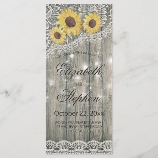 Rustikalisches Holz-Sonnenblumen-elegantes Spitzen Programm (Vorderseite)