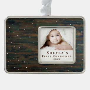 Rustikalisches Holzfoto zum ersten Weihnachten des Rahmen-Ornament Silber