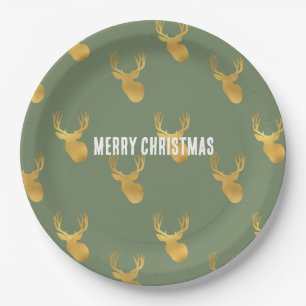 Rustikalisches Olivgrün Goldhirsch Weihnachten Pappteller