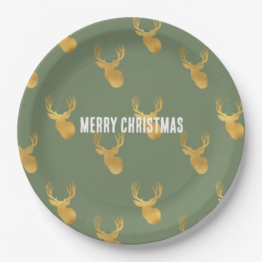 Rustikalisches Olivgrün Goldhirsch Weihnachten Pappteller (Vorderseite)