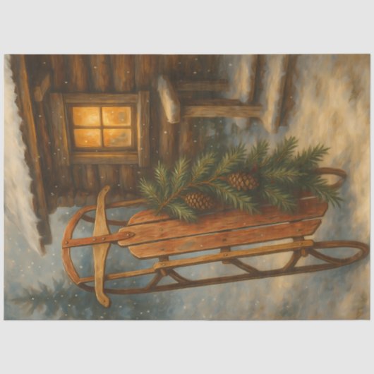 Rustikalisches Winter-Schlitten-Cabin-Decoupage-Ti Seidenpapier (Vorderseite)