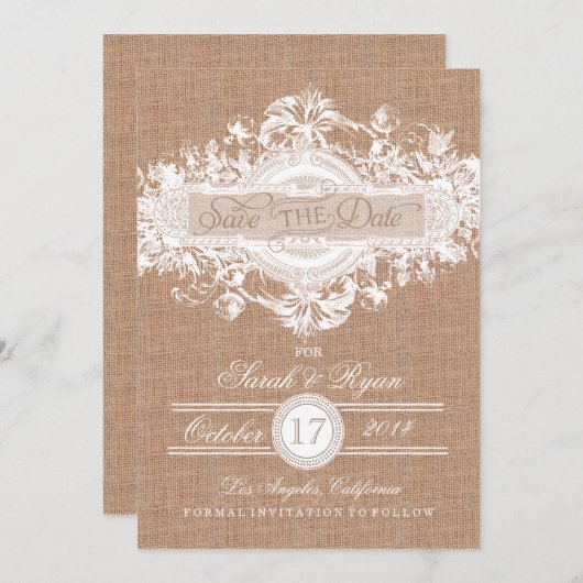 RUSTIKBURLAP VINTAGE BLUME SAVE THE DATE (Vorne/Hinten)