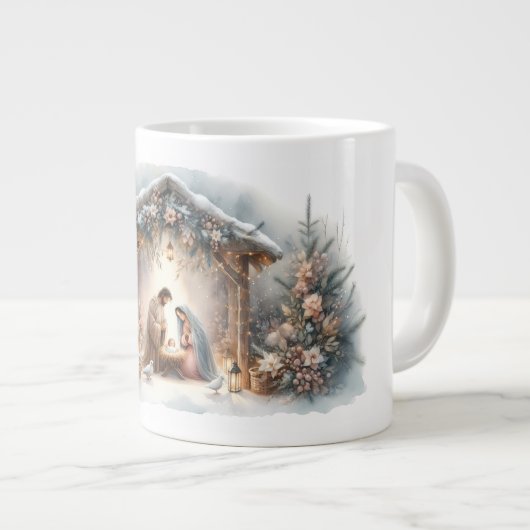 Rustike Weihnachtskrippen-Szene mit Winterblumen Jumbo-Tasse (Vorderseite Rechts)