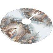 Rustike Weihnachtskrippen-Szene mit Winterblumen Polyester Weihnachtsbaumdecke (Schrägansicht)