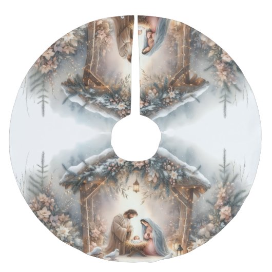Rustike Weihnachtskrippen-Szene mit Winterblumen Polyester Weihnachtsbaumdecke (Vorderseite)
