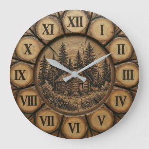 Rustikuhr im Blockhüttenstil Holz-Optik Wald Große Wanduhr