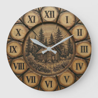 Rustikuhr im Blockhüttenstil | Holz-Optik Wald Große Wanduhr