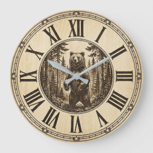 Rustikuhr mit Grizzlybär an der Wand Holzstil Große Wanduhr