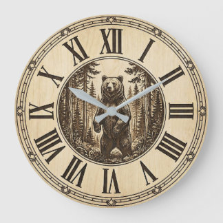 Rustikuhr mit Grizzlybär an der Wand | Holzstil  Große Wanduhr