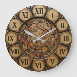 Rustikuhr mit Herbstlaub-Motiv   Holzoptik-Hütte  Große Wanduhr