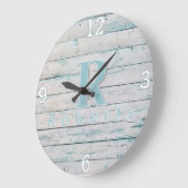 Rustikuhr mit Monogramm in Teal-Treibholz-Optik Große Wanduhr (Winkel)