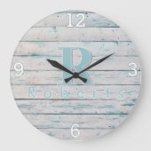 Rustikuhr mit Monogramm in Teal-Treibholz-Optik Große Wanduhr (Vorderseite)