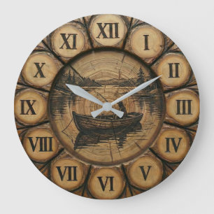 Rustikuhr See-Angeln   Holzstil  Große Wanduhr