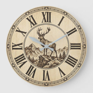 Rustikuöse Hirsch-Berg-Wanduhr Holz-Optik Hütte Große Wanduhr
