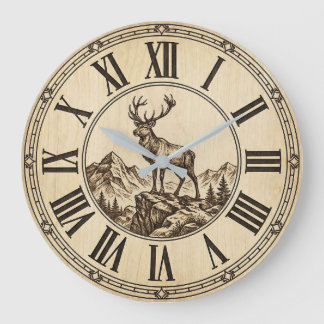 Rustikuöse Hirsch-Berg-Wanduhr | Holz-Optik Hütte  Große Wanduhr