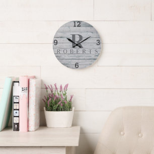 Rustikuöse Monogramm-Grau-Treibholz-Uhr Große Wanduhr