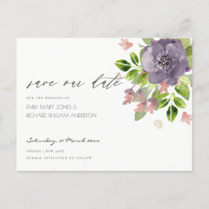 RUSTIKVIOLET WILD BLUME & FOLIAGE Save the Date Ankündigungspostkarte