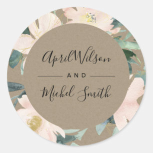 RUSTISCH BLUSH KRAFT FLORAL FRAME WATERCOLOR WEDD RUNDER AUFKLEBER